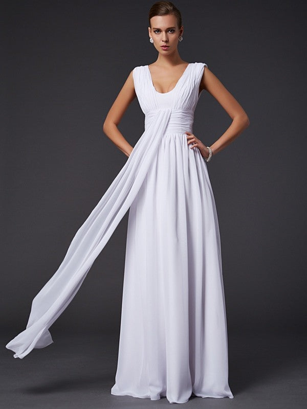 Vestidos largos de gasa con pliegues, sin mangas, corte princesa/joyas